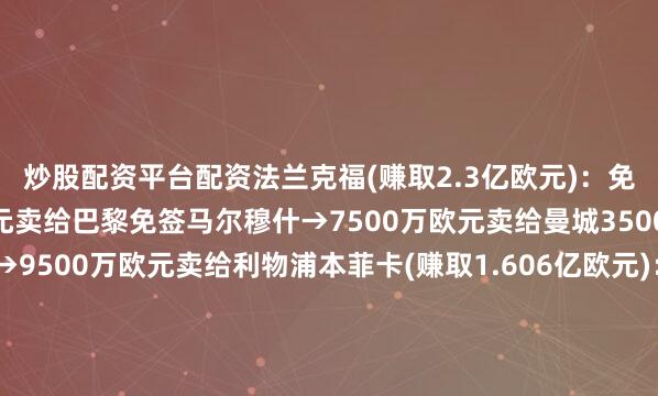 炒股配资平台配资法兰克福(赚取2.3亿欧元)：免签穆阿尼→9500万欧元卖给巴黎免签马尔穆什→7500万欧元卖给曼城3500万欧引进埃基蒂克→9500万欧元卖给利物浦本菲卡(赚取1.606亿欧元)：青训队提拔贡萨洛-拉莫斯→6500万欧卖给巴黎青训队提拔若昂-内维斯→5990万欧卖给巴黎1430万欧引进阿尔瓦罗-卡雷拉斯→5000万欧卖给皇马比利亚雷亚尔(赚取1.12亿欧元)：青训队提拔保-托雷斯
